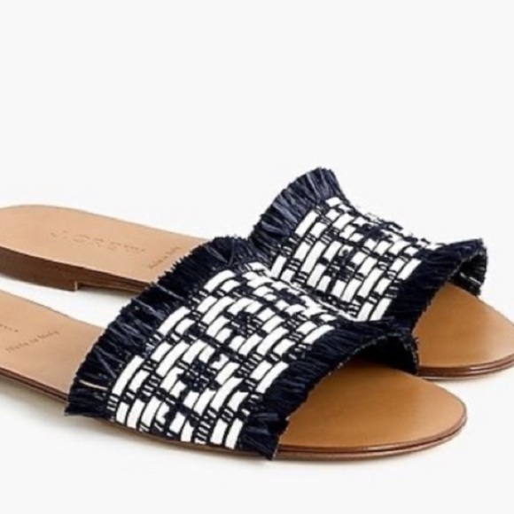 J. Crew Navy and White Raffia Slide Sandals Size 8 Made in Italy Vacation Boho - Picture 2 of 16
